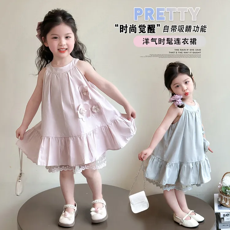 女童连衣裙公主裙儿童2025新款挂脖韩系洋气休闲裙子童装时髦夏装