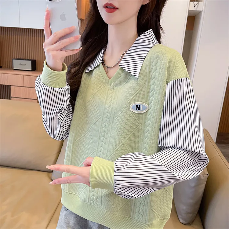 翻领卫衣女2025新款春秋季韩版宽松薄款撞色衬衫拼接假两件上衣服