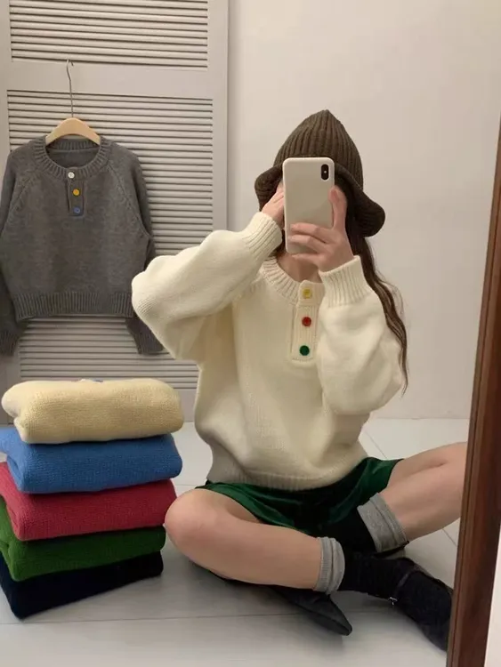 2025新款彩扣套头针织冬季宽松宽松型韩版毛针织衫