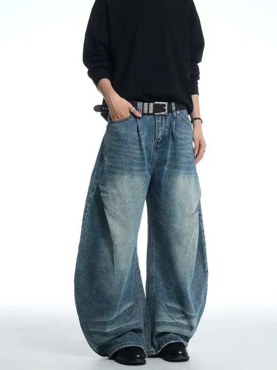 2025美式街头宽松cleanfit做旧水洗弯刀牛仔裤男女直筒阔腿裤大码