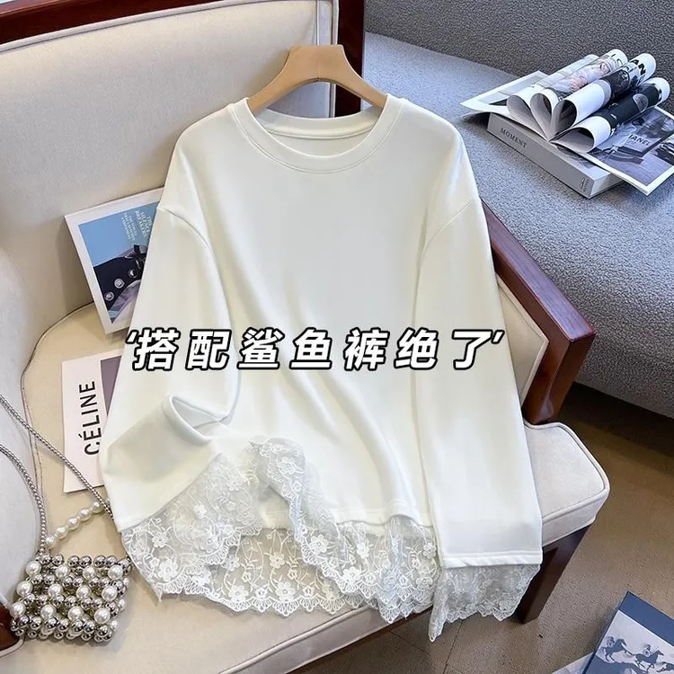 【轻奢气质】欧货长袖t恤女秋冬加绒中长款保暖蕾丝内搭大码打底衫