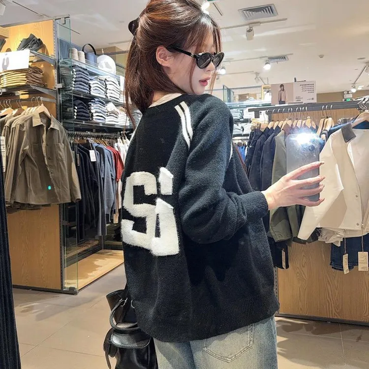 Jennie出街背后数字拉链针织毛衣外套时尚休闲百搭宽松加厚韩版