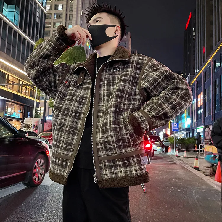 美式复古格子机车服棉衣外套男冬季2026新款冬装加绒加厚翻领夹克