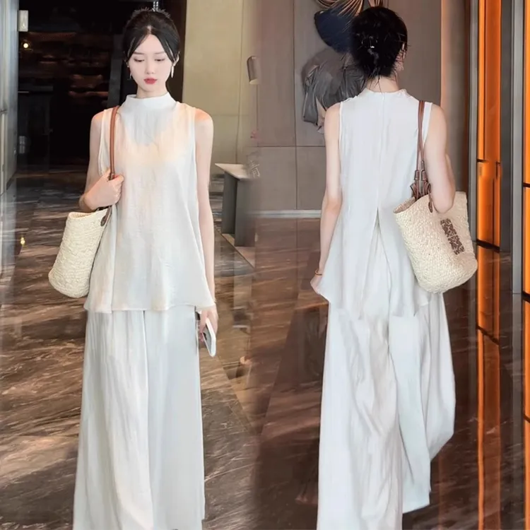 时尚套装女2025夏季新款禅意风半高领无袖后开叉上衣加高腰裤裙潮