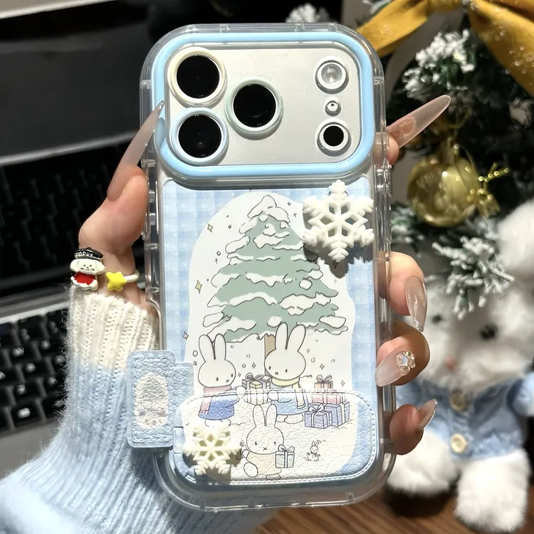 卡通立体雪花兔子支架适用苹果16/17promax手机壳华为vivoppo小米