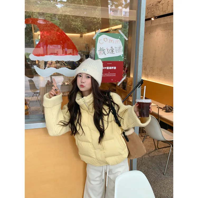 切糕自制【初雪日记】小个子冬显瘦慵懒感毛织袖领拼接保暖羽绒服女