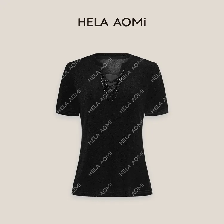 HELA AOMI“流苏醋酸T”呼吸感小众V领链条薄款百搭T恤CY5BZ23811