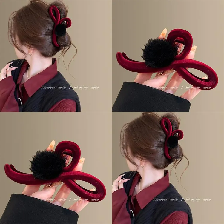 醋栗酒红~覆古秋冬毛球抓夹女2025新款鲨鱼夹高级感发夹2025新款