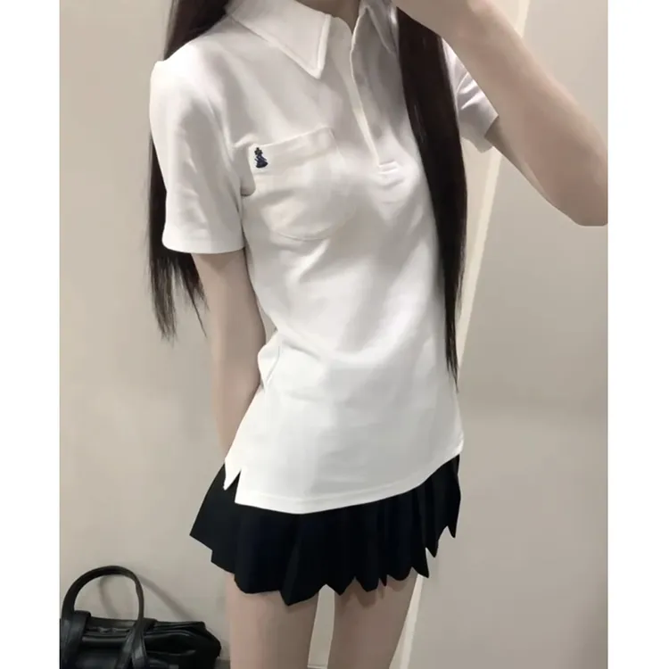 狗皮皮JK小谷收腰polo衫夏原创学院风基础款白色正肩掐腰短袖上衣