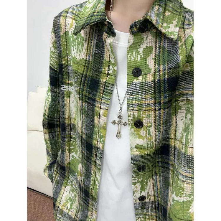 vintage美式外套男春秋绿色扎染衬衫男款设计感小众情侣格纹衬衣