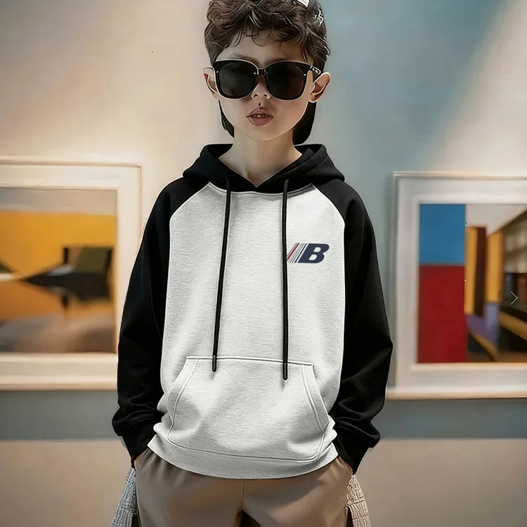 秋冬款男童加绒卫衣拼色连帽衫外套中大童痞帅风休闲时尚上衣