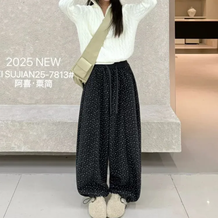 冬季小碎花宽松阔腿休闲裤百搭