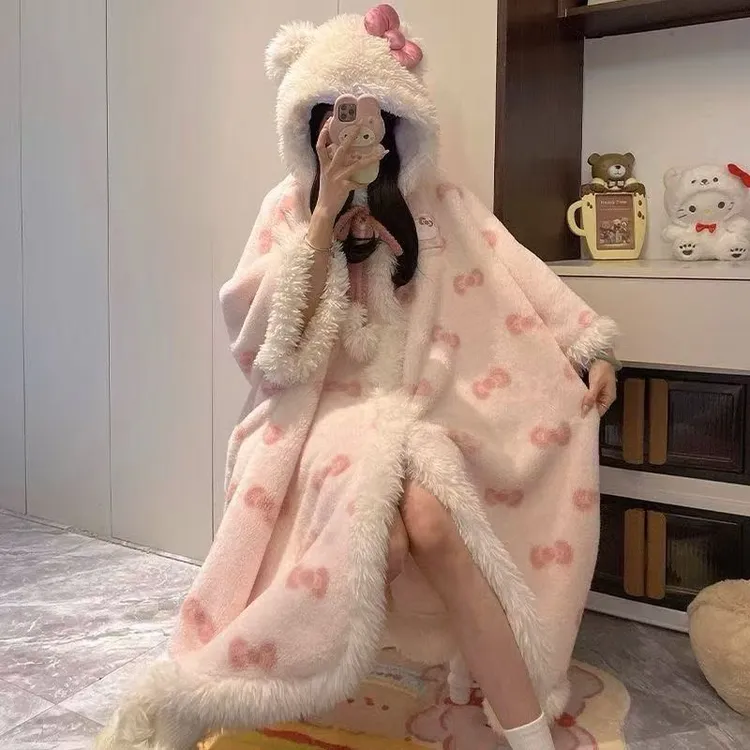 可爱蝴蝶结珊瑚绒连帽睡袍冬季加厚保暖斗篷式家居服带裤子
