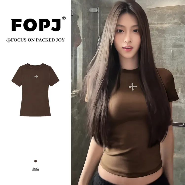FOPJ韩系纯欲穿搭夏季短袖t恤美式修身收腰设计感圆领辣妹上衣ins