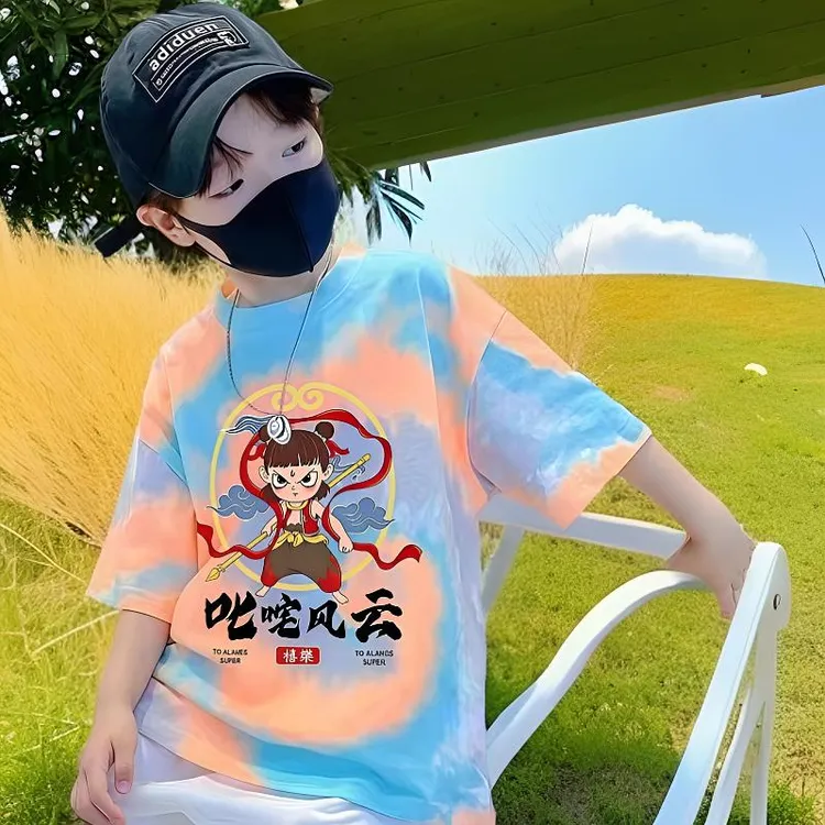 哪吒衣服儿童爆款男童短袖T恤扎染夏季潮流新款卡通半袖T恤儿童夏