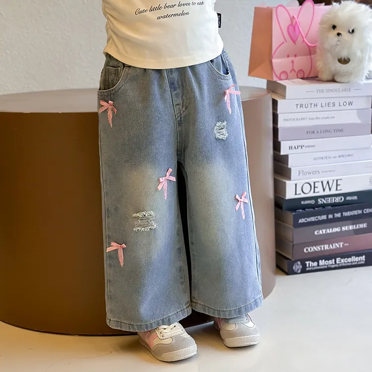 女童蝴蝶结牛仔裤2025新款儿童春秋装韩版洋气宝宝春季时髦阔腿裤