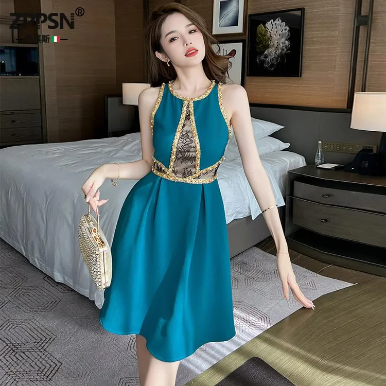 ZPPSN欧洲站蓝色无袖连衣裙女新款夏法式复古气质高级感重工a字短