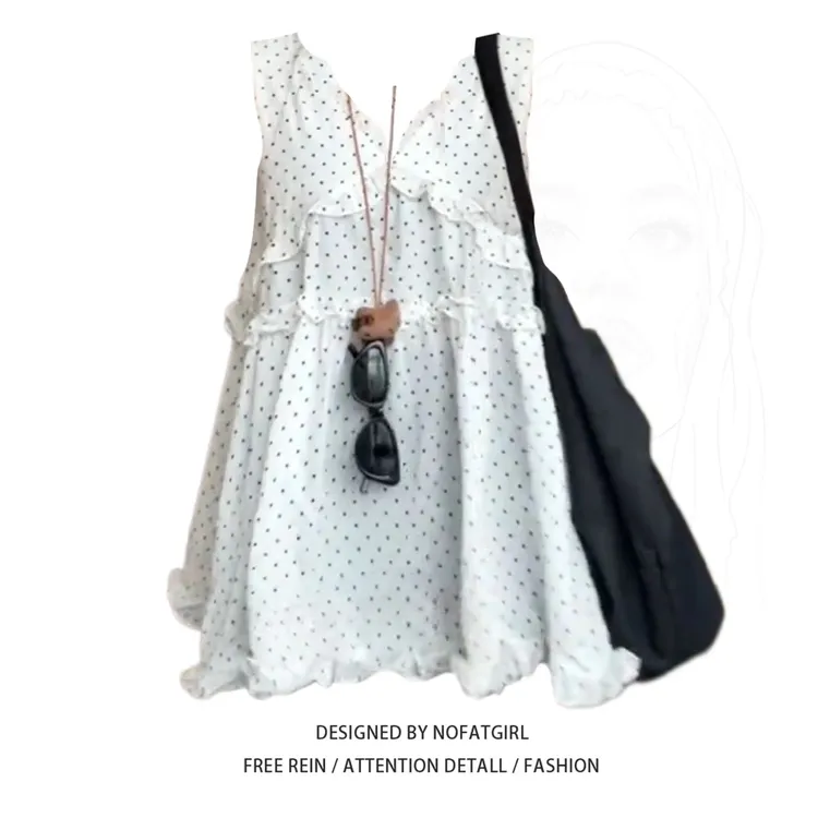 大码胖妹妹韩系纯欲风设计感宽松显瘦V领木耳边减龄波点娃娃上衣