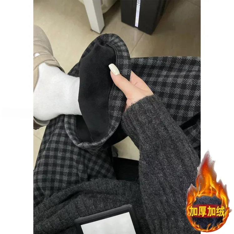 180高个子175加长黑灰色格子休闲裤女加绒加厚宽松显瘦垂感阔腿裤