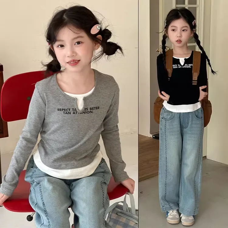 女童长袖t恤初秋2025新款女孩秋洋气假两件上衣女大童秋装打底衫