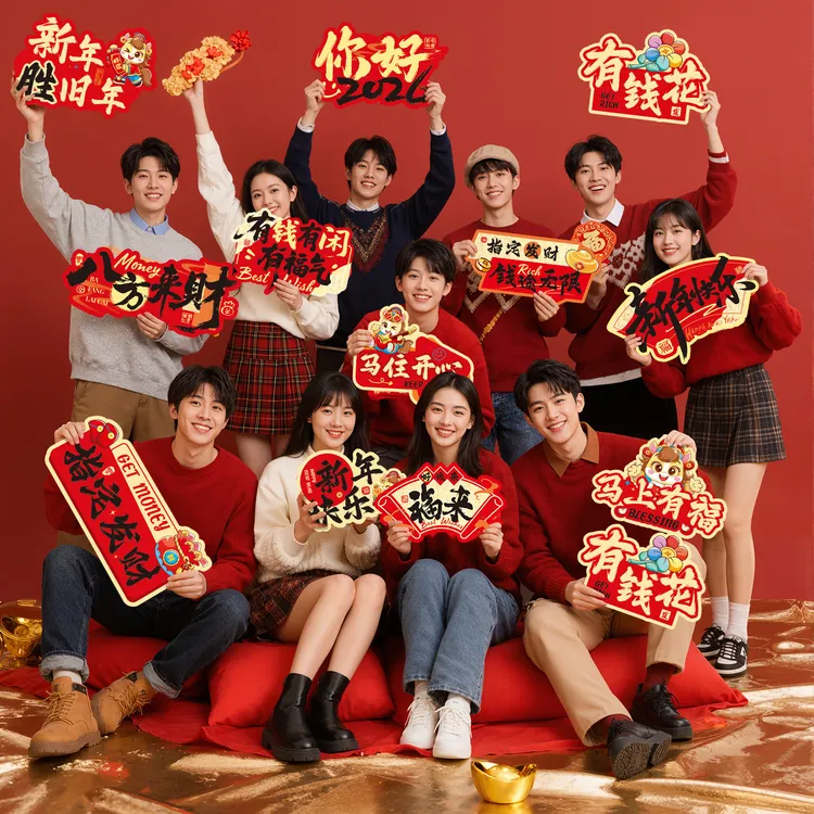 新年手举牌装饰品2026马年过年春节氛围布置手拿拍照庆祝道具KT板