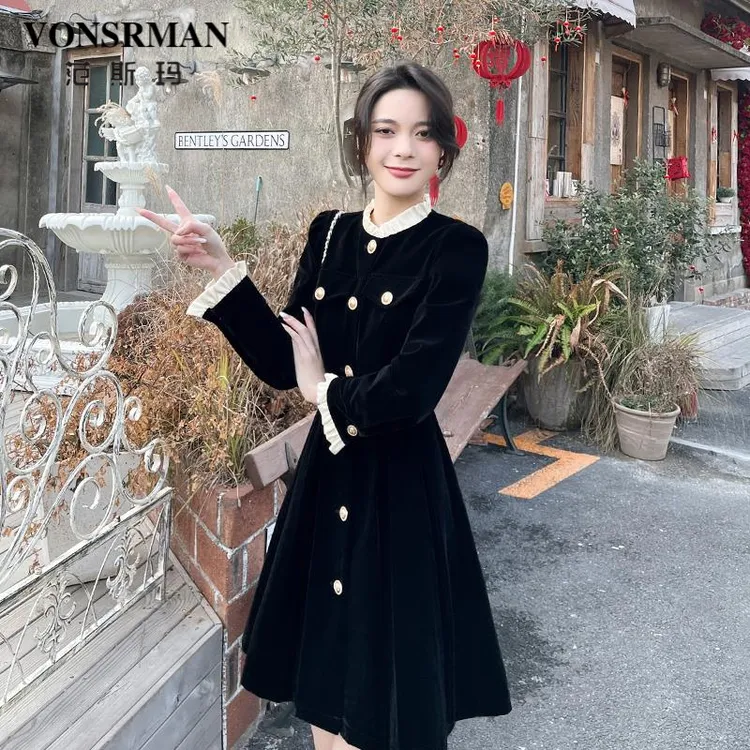 法式小香风丝绒连衣裙女2025秋季洋装小个子气质高级感显瘦小黑裙