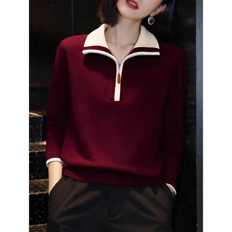 2025冬季新款今年流行爆款半拉链安格拉红毛衣女翻领小个子打底衫