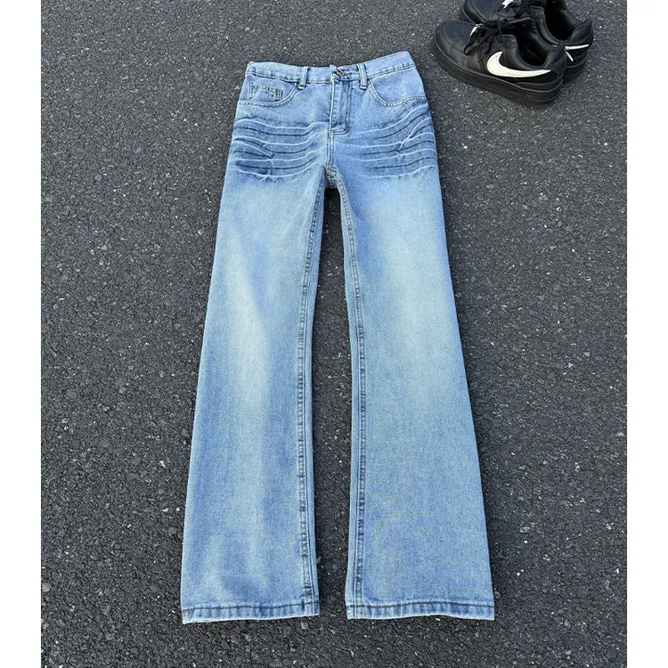 蓝色水洗闪电爆裂纹牛仔裤男美式高街潮牌复古裤子直筒修身微喇裤