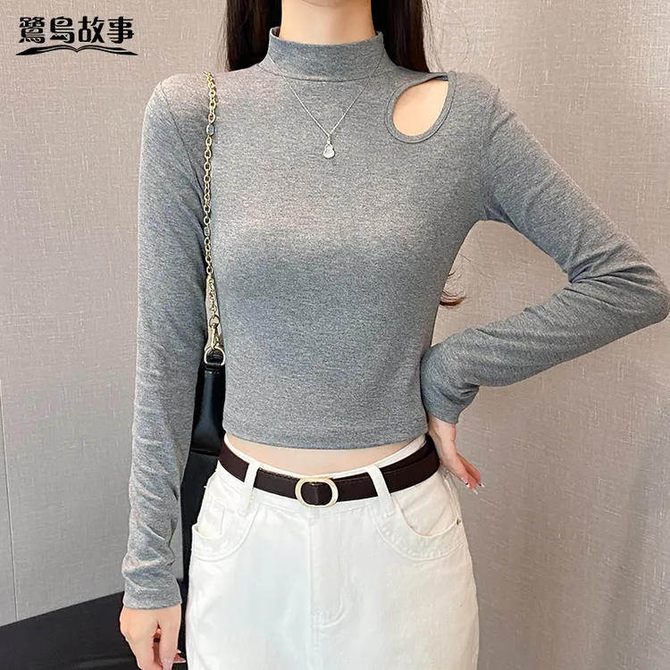 鹭岛故事半高领镂空长袖t恤女春秋修身打底衫百搭设计短款上衣潮