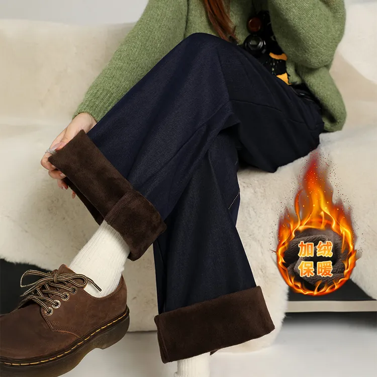 秋冬加绒抗皱免烫四面弹保暖牛仔裤宽松垂顺阔腿YKK不掉色牛仔裤