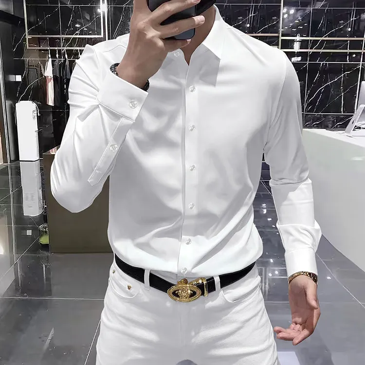 轻奢新款高级感纯色男士长袖衬衫修身免烫抗皱丝滑商务休闲衬衣男