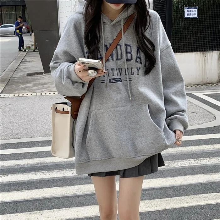 郡主 灰色纯棉春秋薄款oversize卫衣女冬季新款宽松慵懒风ins