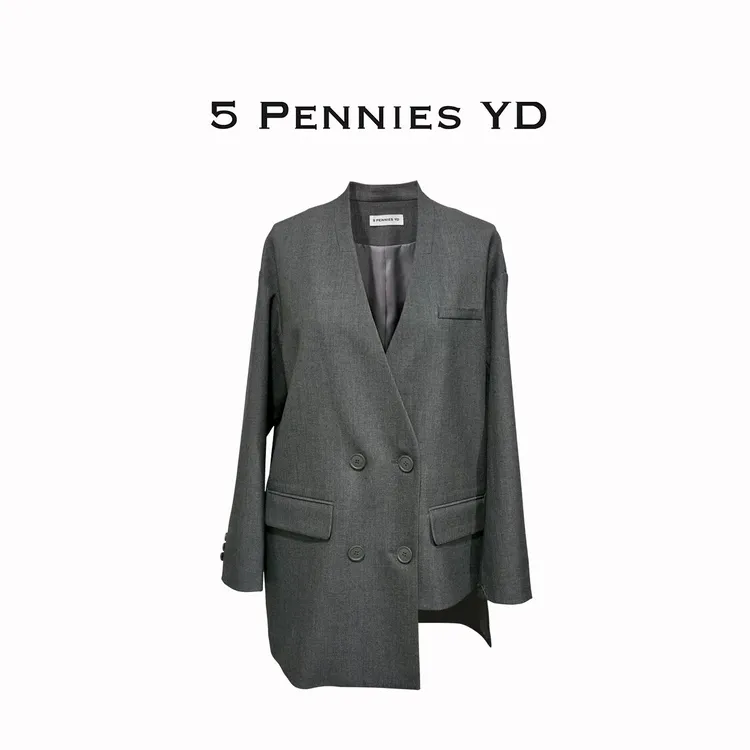 5 PENNIES YD设计师款原创秋季不规则V领灰色西装外套5S0928021