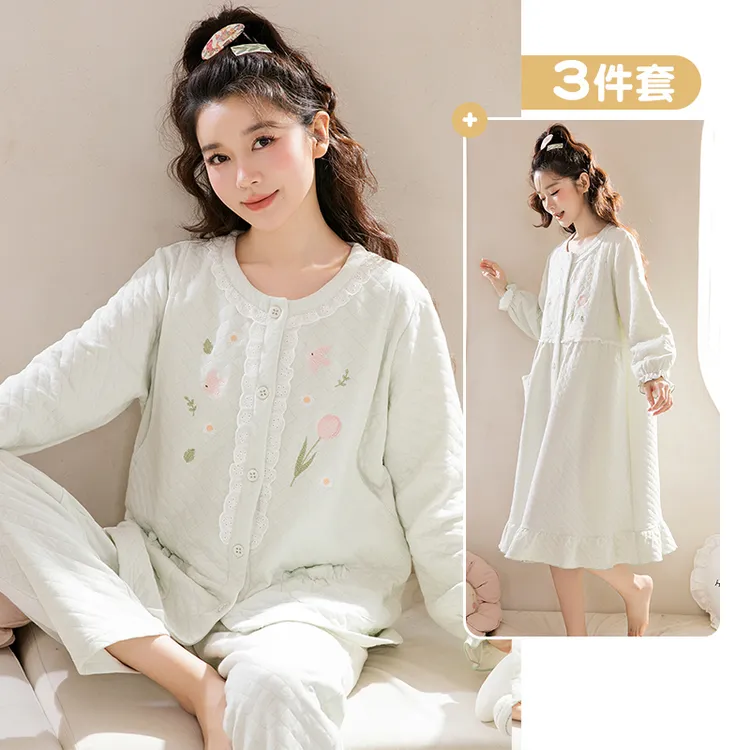 家时光月子服秋冬季纯棉100%全棉孕妇睡衣哺乳衣睡裙待产裙7451