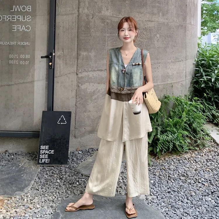 减龄V领显瘦夏季牛仔马甲高腰气质套装休闲两件套女2025洋气新款