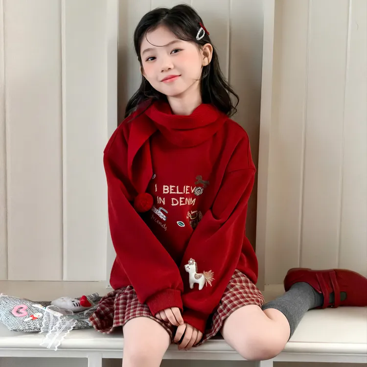 女童冬装加绒加厚卫衣中大童女孩洋气刺绣年服打底衫喜庆红色上衣