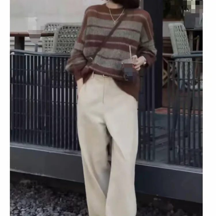 早秋季新款拼色套头百搭条纹圆领女装针织