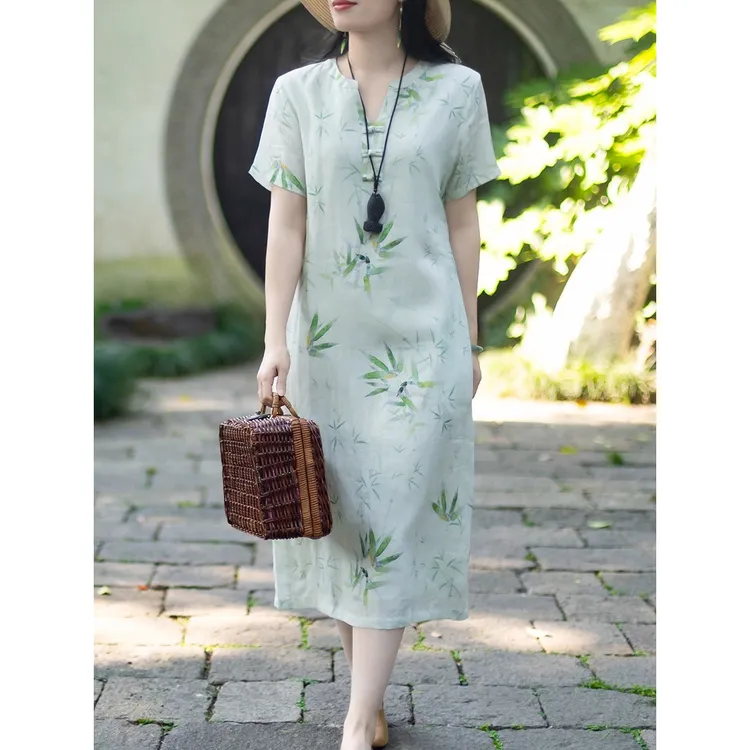 2025夏季清新减龄印花棉麻新中式连衣裙女盘扣短袖V领改良旗袍裙