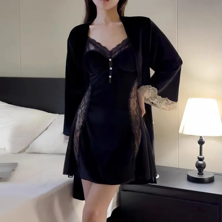 睡袍春秋款长袖v两件套胸垫吊带春秋季女金丝绒性感睡衣领带套装