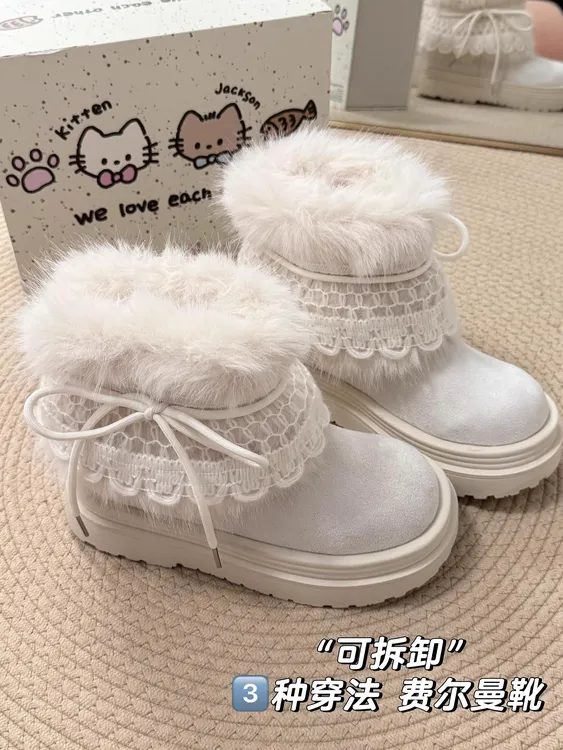 现货~厚底白色雪地靴女款2025加绒保暖雪地棉鞋费尔岛毛毛棉靴