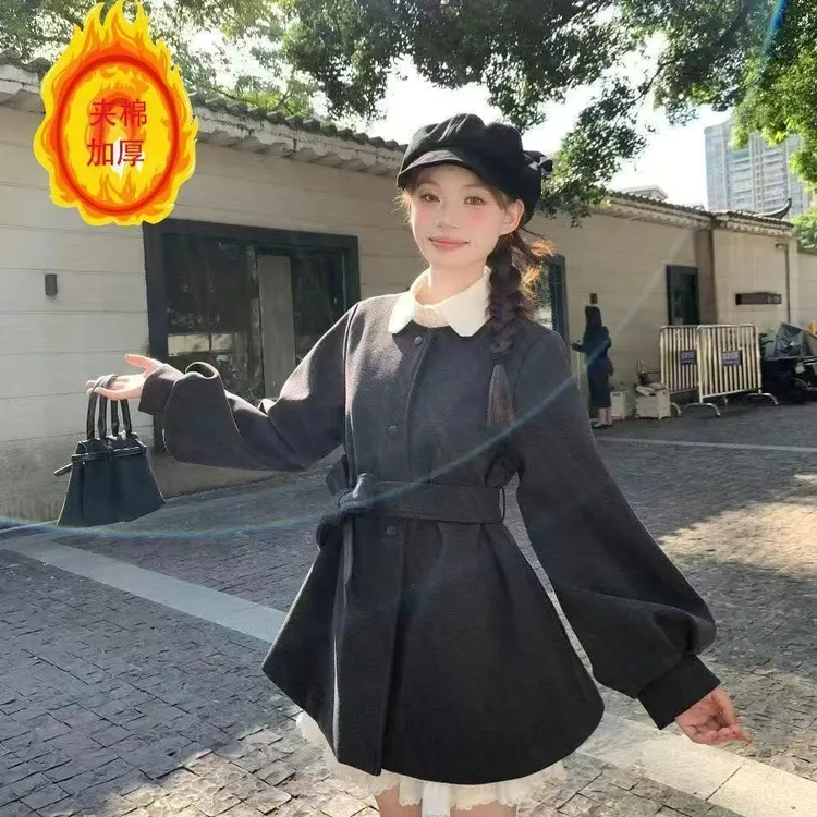 秋冬厚款灯笼袖毛呢外套女圆领高级感系带宽松小个子呢子外套大衣