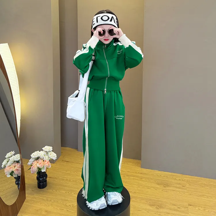 女童2025新款韩版宽松休闲潮流春秋季美式拼色条纹舒适运动套装潮