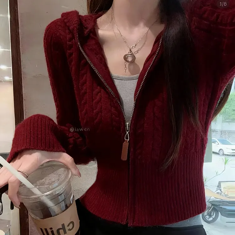 麻花连帽针织开衫秋冬新款拉链毛衣小个子修身毛衣外套女开衫外搭