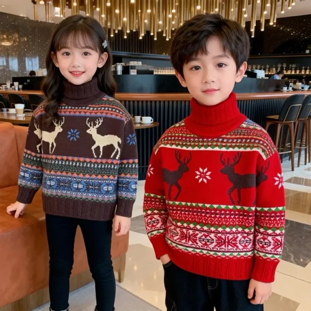男童红色毛衣新年红圣诞鹿高领童装男童套头针织毛衣女童大童冬季