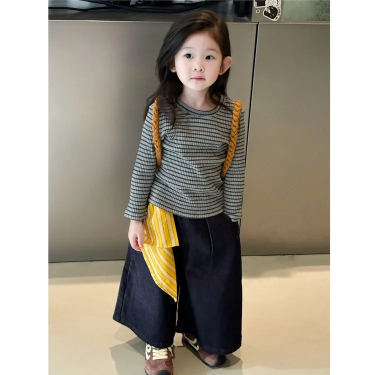 壹妈韩范休闲童装女童套装秋季新款洋气儿童长袖条纹上衣阔腿裤