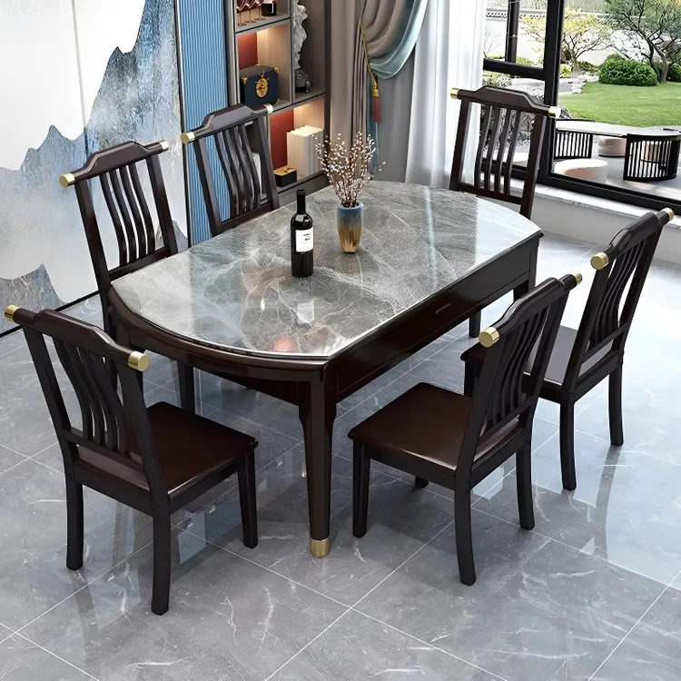 新中式岩板餐桌实木小户型家用伸缩折叠方圆两用多功能可变圆饭桌