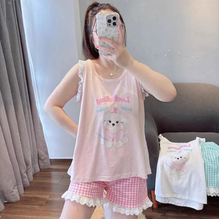 卡通狗狗日系花边无袖背心短裤女夏季凉快莫代尔睡衣家居服两件套