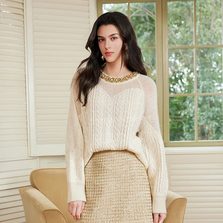 BADINA时尚钉珠圆领套头宽松显瘦长袖针织衫上衣女661Q067