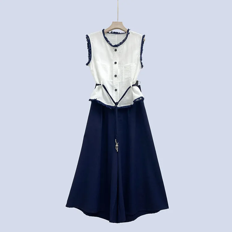 白色无袖背心衬衫+蓝色七分阔腿裤两件套装女夏2024新款毛边设计