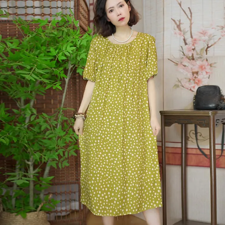 大码外穿中年女装夏季连衣裙棉绸裙中长款妈妈装人造棉裙子印花